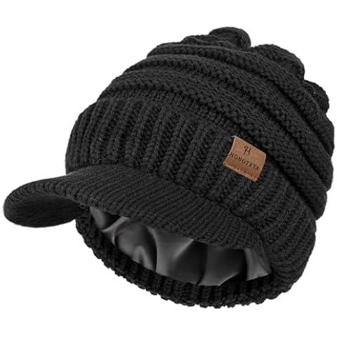 HONGTEYA Satin Lined Winter Beanies Hats for Men Women Knit Beanie Winter Hat Black Cover