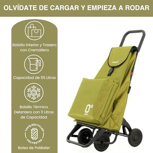 GARMOL Carro de la Compra Térmico Plegable 55 Litros |Bolsillo Térmico Interior de 11 Litros | Carro de la Compra 4 Ruedas Gran Capacidad Abatible | Carrito Compra Plegable Color Verde Aguacate