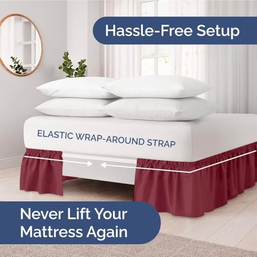 Image of Bed Skirt - Wrap Around Dust Ruffle Bed Frame Cover with Easy Fit Elastic Strap, Single Size 12 Drop, Microfiber Pleated, Machine Washable |Burgundy, (48inchx72inch)