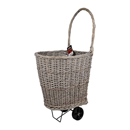RUECAB - Range-bûches - Chariot porte bûches à roulettes, chariot transport bûches, transport bois chauffage, porte-bûches à roulettes en osier gris - 45x40xH98cm - En OSIER / GRIS - Forme arrondie