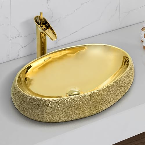 Image of Plantex Table Top Wash Basin For Bathroom /Designer Ceramic Basin /Countertop Vessel Sink Basin - Indo-European Collection (Gold - 23.6 x 16 x 6 Inch)