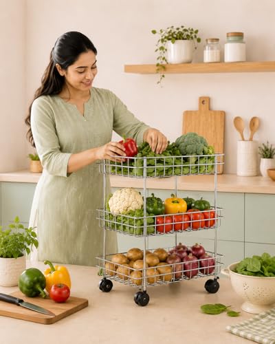 Image of Stainless Steel Modern Kitchen Storage Rack, Folding Perforated Design Trolley for Spice, Fruits, Vegetable, Onion, Potato, Organizer Stand with Wheel, 3 Layer Trolley