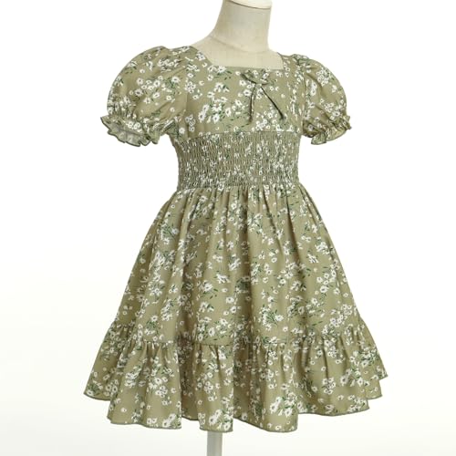 Girl Floral Puffy Sleeve Smocked Waist Dress Square Neck A-Line Midi Sundress Kid Ruffle Summer Twirl Swing Beachwear4