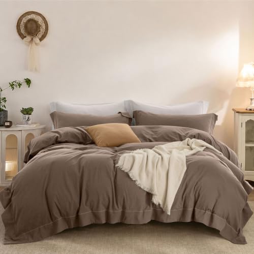 ELIMMO Duvet Cover Set Washed Cotton Embroidered Hem Oversized King 3‑Pcs