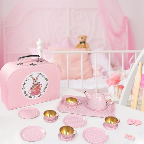 Image of Tea Party Set for Little Girls, Princess Tea Time Toys Including Tin Teapot Set Cups Carrying Case, Toddlers Pretend Role Play Kids Kitchen Toys Birthday Gifts Age 3 4 5 6