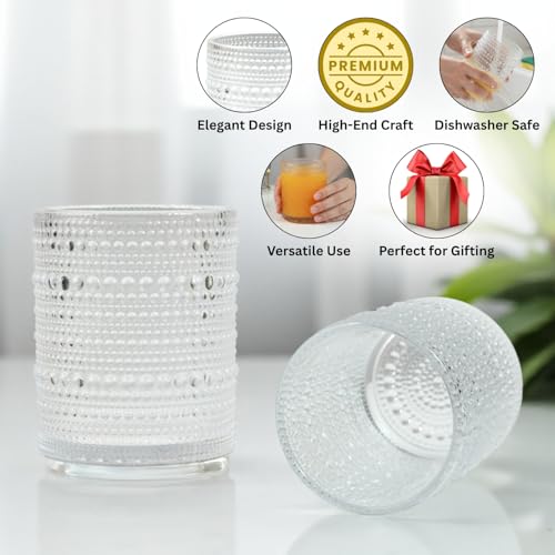 Image of Kookee Jupiter Vintage Hobnail Bubble Glass Double Old Fashioned Tumbler | Whiskey Cocktail Bourbon Glasses Set of 6 | Textured Beaded Barware 300ml (12117)