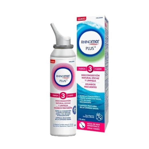 Rhinomer Plus, Fuerza 3, Spray Nasal de Agua de Mar Hipertónica, Descongestión Natural Eficaz y Limpieza, Con Algomer Complex, Fuerza Fuerte, Usuarios Frecuentes, Adultos y Niños +12 A, 125 ml