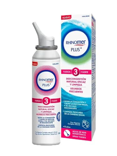 Rhinomer Plus, Fuerza 3, Spray Nasal de Agua de Mar Hipertónica, Descongestión Natural Eficaz y Limpieza, Con Algomer Complex, Fuerza Fuerte, Usuarios Frecuentes, Adultos y Niños +12 A, 125 ml