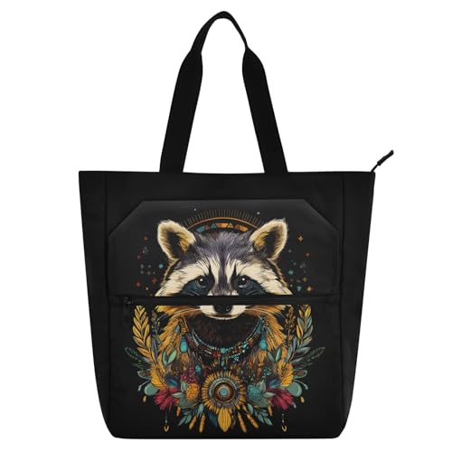 Raccoon Boho Tote Bag for Book Lovers Reusable Bags with Zipper Pocket for School Work Shopping