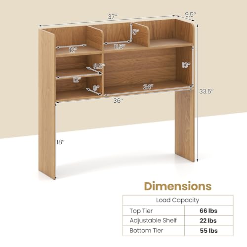 Image of Tangkula Desktop Bookshelf for Computer Up to 32 inch, 37 inch Countertop Storage Hutch with 6 Storage Shelves, 3-Tier Desktop Organizer Display Rack, Wooden Desk Hutch for Dorm Home Office (Natural)