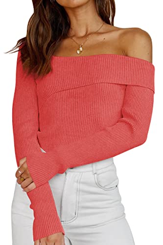 Image of LILLUSORY Womens Off the Shoulder Sweaters Going Out Fall Top | Flattering Ribbed Knit Bodycon Pullover for Date Night,Chic Asymmetric Neckline,Stretchy Holiday Party Clubwear Clothes