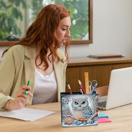 Image of DIY 5D Diamond Painting Pen Holder, Snowy Winter Owl Pencil Holder for Seasonal Home Decor, Decorative Diamond Art Organizer for School, Office, and Home