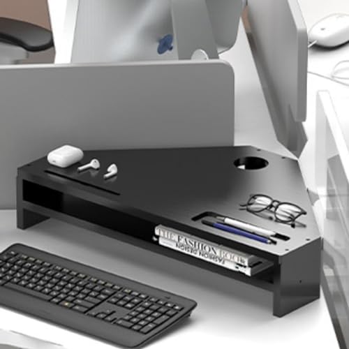 FBHFSUIEF Soportes de pantalla computadora 2 niveles, elevador monitor estante negro con almacenamiento y ranuras, organizador escritorio triangular, fácil ensamblar