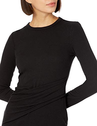 Daily Ritual Women's Fine Rib Long-Sleeve Crewneck Draped Dress, Black, Small - Image 4