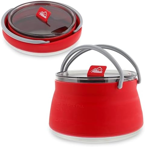 Higher Altitude Collapsible Travel Kettle Pot with Lid - 1L Red Portable Water Boiler Tea Maker for Camping Gas Stove