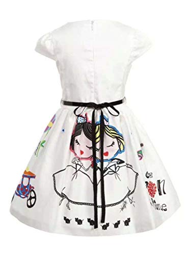 Agoky Kids Girls Cartoon Graffiti Print Short Sleeve A-Line Pleated Dress Summer Holiday Daily Sundress White 3-4 #TOP1