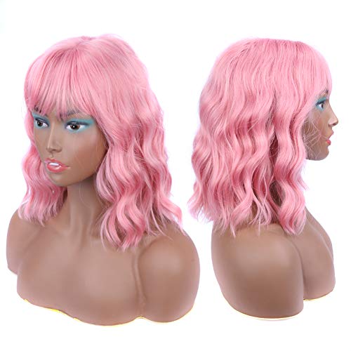 Short Curly Wavy Bob Wigs With Air Bangs Women's Short Bob Pink Wig Shoulder Length Pastel Bob Synthetic Cosplay Wig for Girl Colorful Costume Wigs(14", Pink)