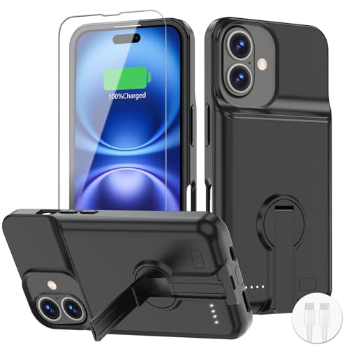 BOPPS Battery Case for iPhone 16/16e with Invisible Stand,【2025 New】 Powerful 8500mAh Portable Rechargeable Protective Extended Charger Cover for iPhone 16/16e Charging Case-Black