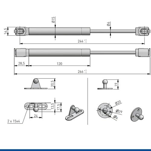 Gasdruckfeder GTV INDUSTRY 50N Grau (Befestigung an Holzfronten) - Gas-Lift Gashebebühne Gasdruckdämpfer