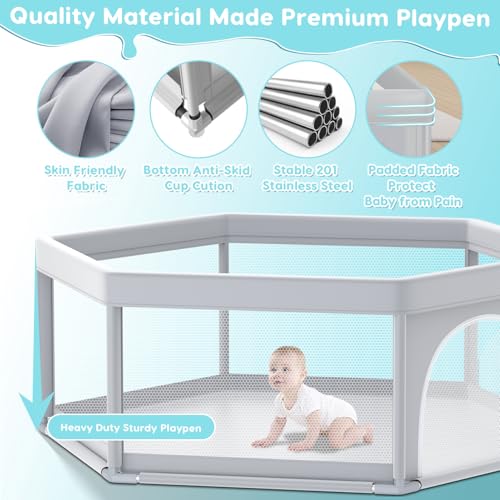 Image of Fshibila 65 inch x65 inch Hexagonal Baby Playpen, Baby Playard for Babies and Toddlers, BabyFence Play Pens for Indoor & Outdoor, Sturdy Safety Play Yard with Soft Breathable Mesh, Anti-Fall, Grey