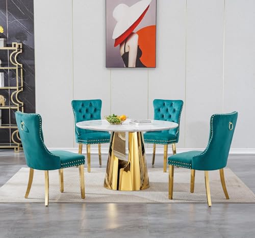 Image of 5-Piece Round Dining Table Set for 4, Modern Faux Marble Kitchen Table and Green Velvet Chairs Set of 4, Luxury 45 inch Circle White Gold Dining Room Tables with Stainless Steel Base
