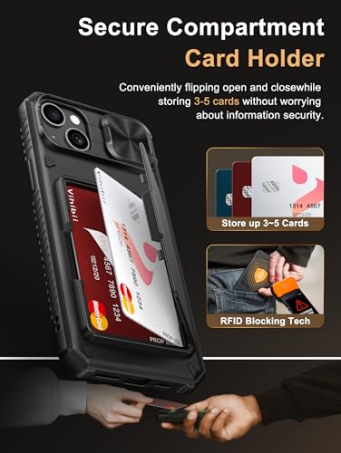Image of Vihibii for iPhone 15 Plus, iPhone 14 Plus Back Cover Wallet with Card Holder (4 Cards) [RFID Blocking] & Slide Camera Cover, Military Grade Drop Protection, Rugged Back & Silicone Case, 6.7 inch, Black