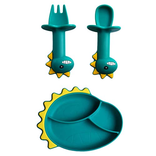 Yardwe Conjunto de talheres de silicone com 3 peças de dinossauros de desenho animado para bebê