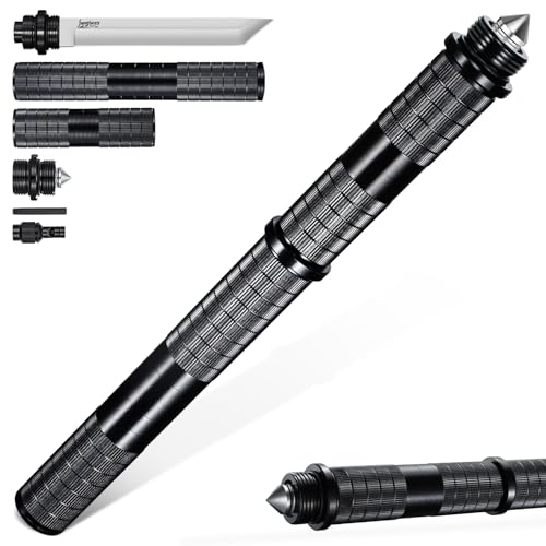 Japaknives Survival Messer 5 in 1 Jagdmesser Outdoor D2 Stahl Bushcraft Messer Hochwertige Aluminiumlegierung Multifunktionsstock mit Pfeife Glasbrecher Feststehende Messer für Camping Fischen Schwarz