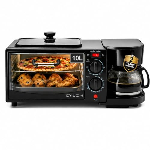 Image of CYLON OvenPrime 3-in-1 Breakfast Maker | 10L Oven Toaster Griller with Coffee Maker & Non-Stick Frying Pan | Adjustable Temperature & Timer | Bake, Grill, Toast & Brew | Black