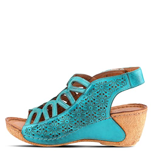 Image of Spring Step Inocencia Women's Leather Wedge Sandals | Low Heel Sandals for Women with Floral Laser Cut Design, Hook and Loop Strap, Mediterranean Style