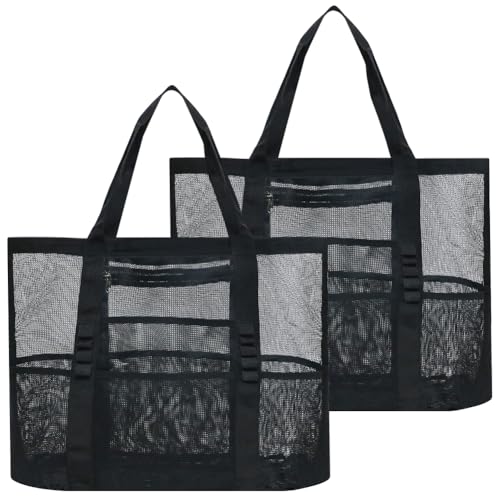 Amonsen Bolsa grande de malla para playa con 8 bolsillos separados, bolsa de hombro de almacenamiento de red para vacaciones en la playa, buena para deslizadores, toallas, protectores solares,