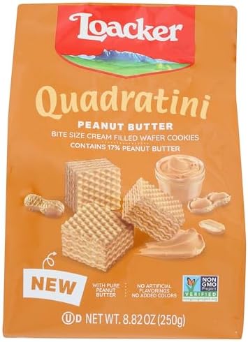 Loacker Quadratini Peanut Butter bite-size Wafer Cookies - 30% Less Sugar - Premium Crispy Wafers with Peanut Butter cream filling - great for snacks & desserts- Non GMO - LARGE Snack Bag 250g/8.82oz
