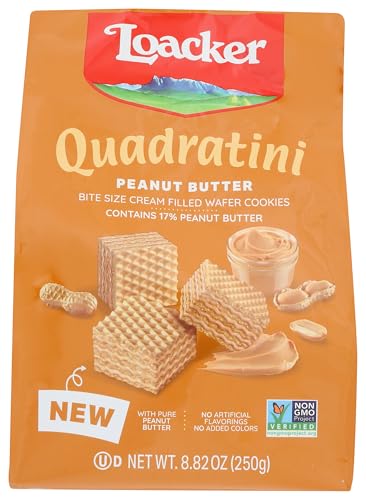 Image of Loacker Quadratini Peanut Butter bite-size Wafer Cookies - 30% Less Sugar - Premium Crispy Wafers with Peanut Butter cream filling - great for snacks & desserts- Non GMO - LARGE Snack Bag 250g /8.82oz
