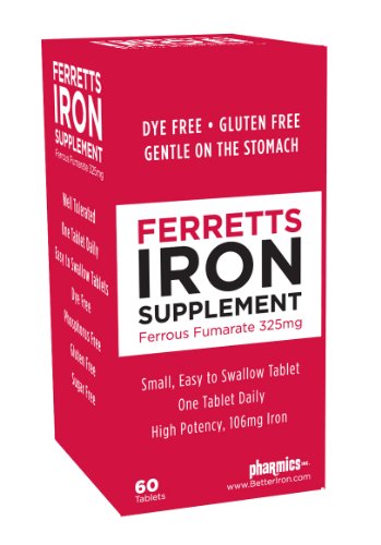 Ferretts Iron Tablets 106mg (325mg Ferrous Fumarate) - 60 Day Supply of High Potency Iron Supplements for Women & Men Easy on The Stomach Iron Supplements for Anemia 60 Iron Pills Per Bottle