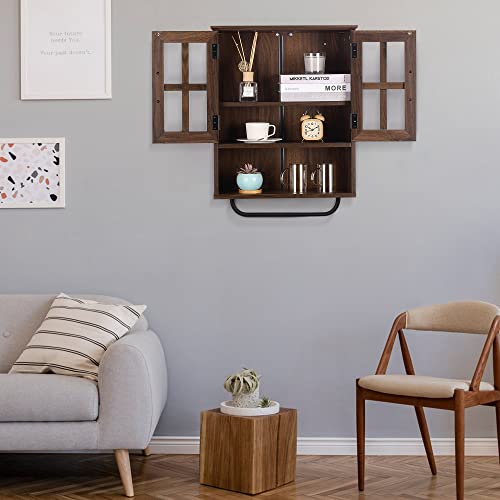 Rustown Wood Wall Storage Cabinet With Cross Glass Doors, Farmhouse Wall Mounted Cabinet, 3 Tier Rustic Bathroom Cabinet With Adjustable Shelves And Towel Bar For Bathroom, Living Room, Dark Walnut #TOP4