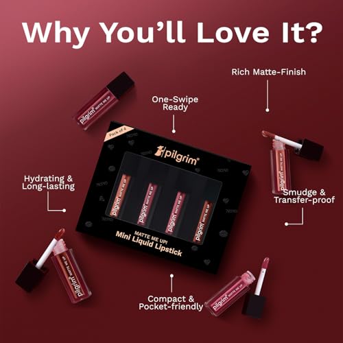 Image of Pilgrim Matte Mini Liquid Lipstick 4 in 1 Pack Smudgeproof, Hydrating & Lightweight (Always on Top, 4 ml)