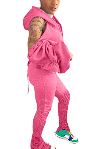 Womens Sexy Sweatsuit Set Two Piece Outfits Cold Shoulder Zip Hooded Jacket + Skinny Long Stacked Pants Set Tracksuits Pink L #TOP1
