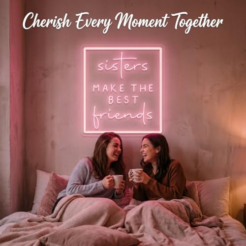 Image of Sisters Make The Best Friends Neon Sign, Pink Led Wall Decor for Bedroom, Gift for Sister, Best Friend, BFF, USB Dimmable Aesthetic Room Decor for Girls, Unique Friendship Gift (13.8 inchx12.4 inch)