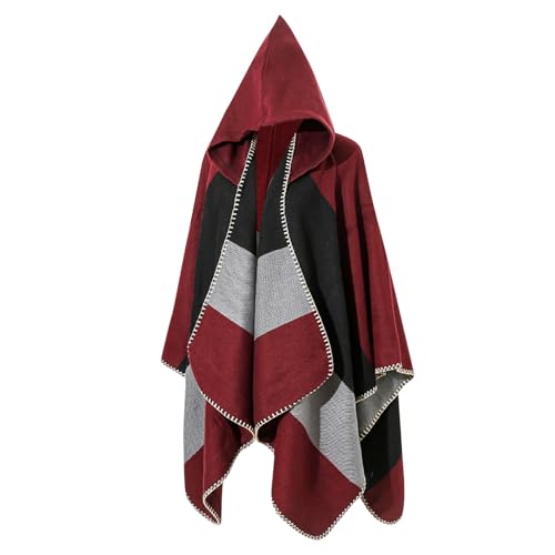JOAU Women's Knit Color Block Hooded Shawl Wraps Open Front Travel Poncho Cape Warm Sweaters Blanket Casual Cardigan Top