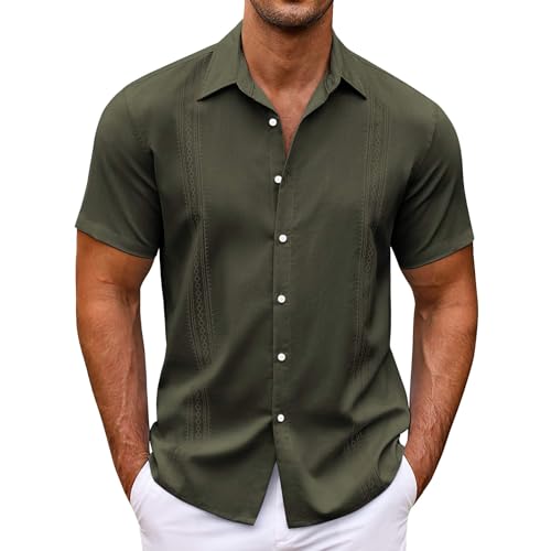 Camisas de manga corta para hombre, estilo guayabera, con botones, bordadas, informales, cuello de campamento, camisas cubanas, ligeras, transpirables, para verano, playa, senderismo y uso diario