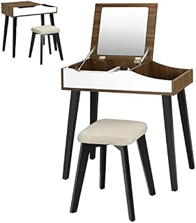 COSTWAY Dressing Table Set with Flip Top Mirror and Detachable Partitions, Wooden Makeup Vanity Table Stool Set, Home Bedroom Furniture Cosmetics Dresser Desk Gift for Girls Women