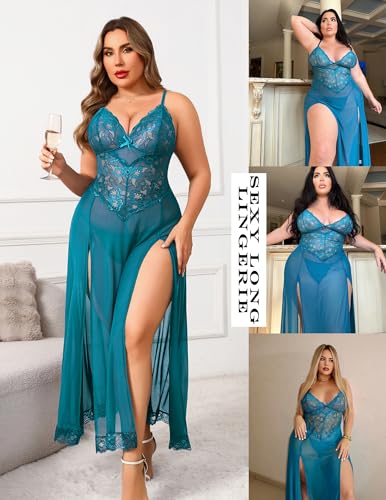 Image of Avidlove Plus Size Lingerie for Curvy Women Long Lace Babydoll Nightdress | V neck sheer mesh nightgown,g-string included,high side slits,adjustable straps,curve-flattering fit,maternity photoshoot