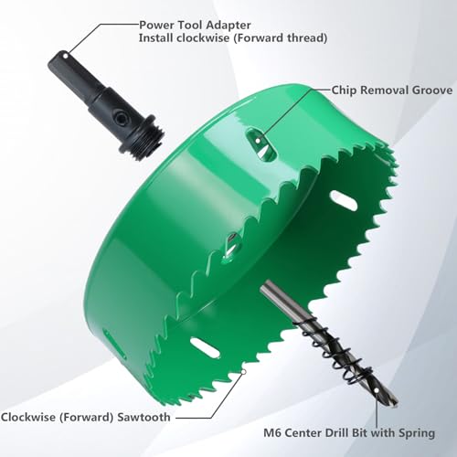 Image of 5.5 Inches /140mm Bi-Metal Hole Saw with Arbor & Pilot Bit | Green-Coated, Cuts Fiberboard, Wood, Drywall, Plastic, Soft Metal, PVC, Cornhole Boards, For Precision Drilling