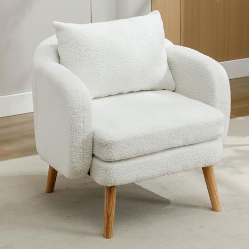 DACHETOU Sillón de terciopelo de peluche, moderno y sencillo, con cojín, extra grueso, individual, acolchado, para ocio, silla de madera maciza, color blanco