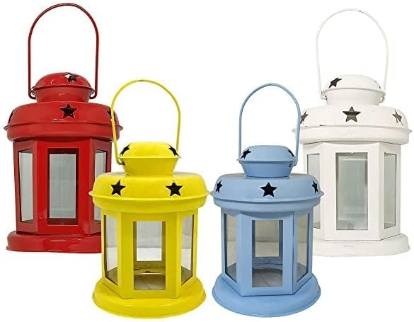 Extreme Karigari ® - Hanging Lantern Decorative Tea Light Holder Home Decor Red, White, Blue and Yellow Color Iron Lamp with Candle Tealights & Festive Decor 10x10x14 cm Set of 4 Colour