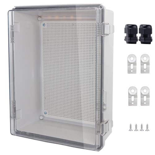 IP67 Waterproof Junction Box, ABS Plastic Electrical Enclosure with Stainless Steel Latch, Hinged Cover Electric Box with Mounting Plate, Wall Brackets &amp; Cable Glands 380x280x130mm
