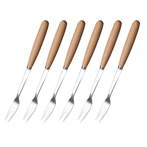 YES Time 6 Pcs Wooden Handle Stainless Steel Two Prong Forks Fruit Cake