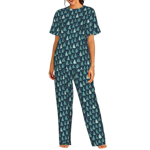 Pyjama court femme avec motif sapin de Noël et étoiles : ensemble de nuit respirant