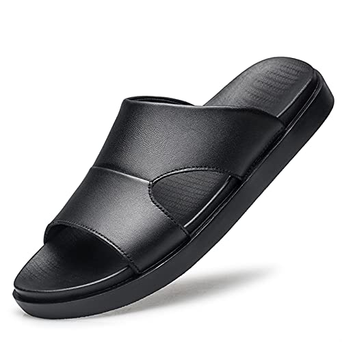 Slide Sandals for Men Open Toe Fixed Strap Cushioned Thick Sole Leather Non-Slip Classic Slipper Shoes