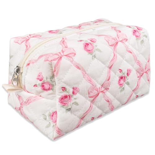 Quilted Makeup Bag,Small Travel Floral Cosmetic Bag Cute Pouch,Cotton Makeup Brushes Storage Bag for Women